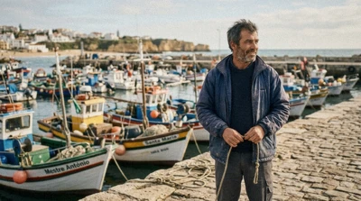 Rui Baptista, travel writer from Lagoa, on the harbour wall at Portimão where the Benagil sea cave boat tours depart, Algarve, Portugal