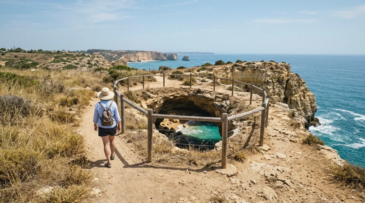 Walker on the fenced clifftop path above the Benagil sea cave looking down at the coast, Algarve, Portugal