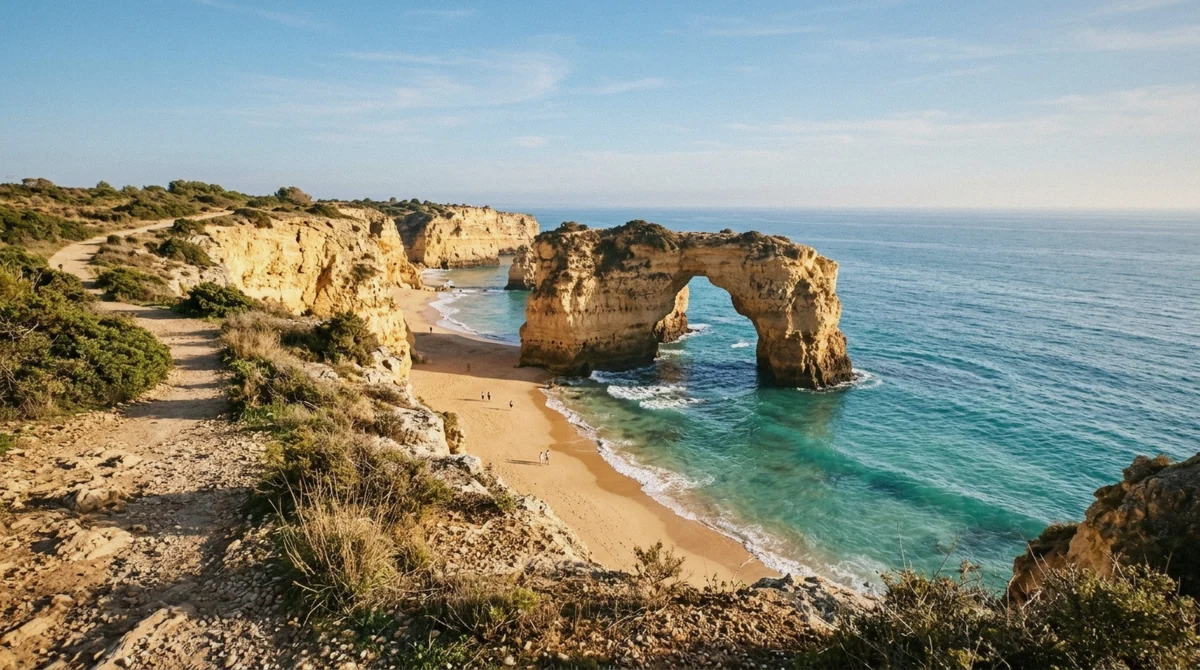 The coastal path and rock arch at Praia da Marinha in late afternoon light, two kilometres east of the Benagil sea cave, Portugal