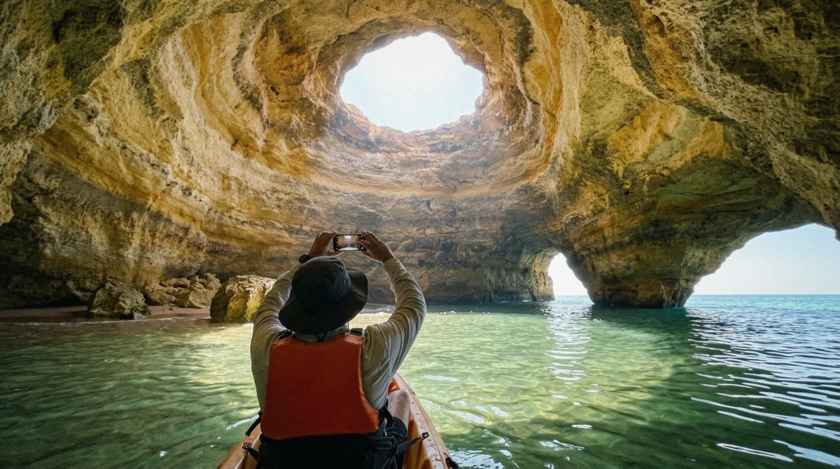 Kayaker photographing the roof opening from inside the Benagil sea cave, Algarve, Portugal