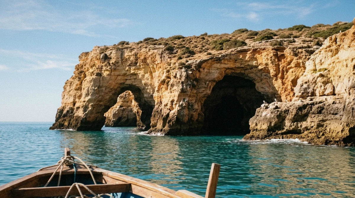 Calm turquoise water and empty cove at the entrance to the Benagil sea cave on a clear spring morning, Algarve, Portugal