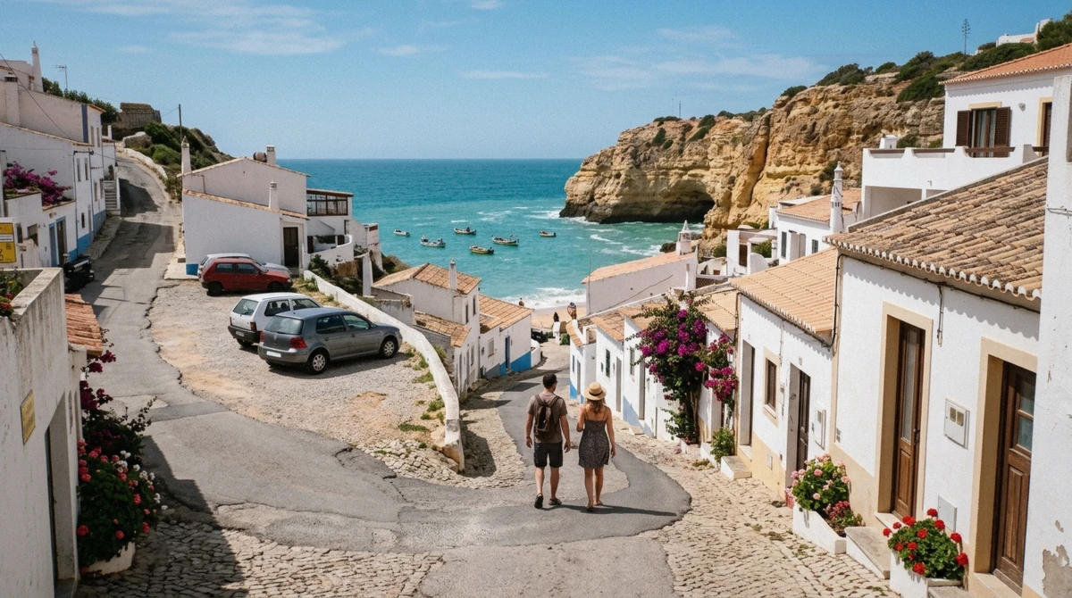 Whitewashed houses and the narrow road down to the cove at Benagil, the village above the Benagil sea cave, Algarve, Portugal