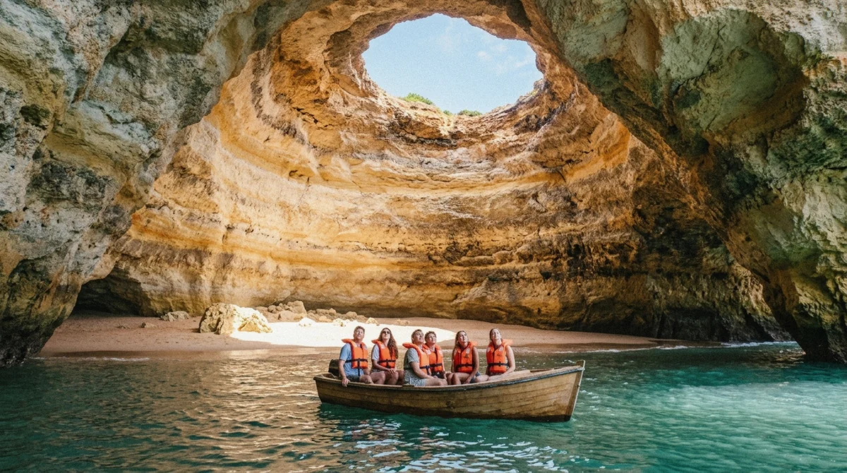 Small boat under the roof opening inside the Benagil sea cave with passengers looking up, Algarve, Portugal