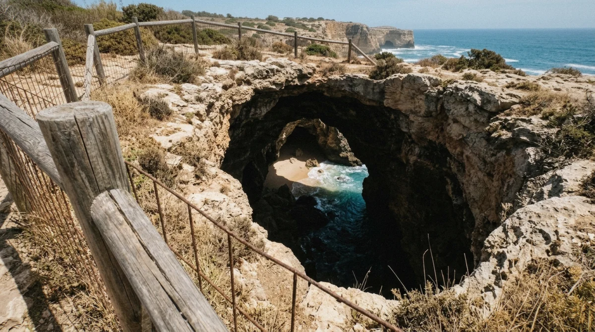 Fenced clifftop viewpoint looking down through the roof opening of the Benagil sea cave on the Algarve coast, Portugal