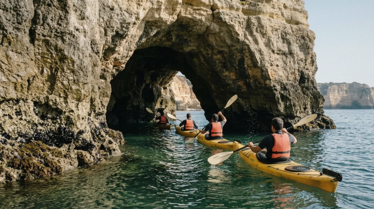 Guided kayaks lining up in single file at the eastern entrance of the Benagil sea cave in the Algarve, Portugal