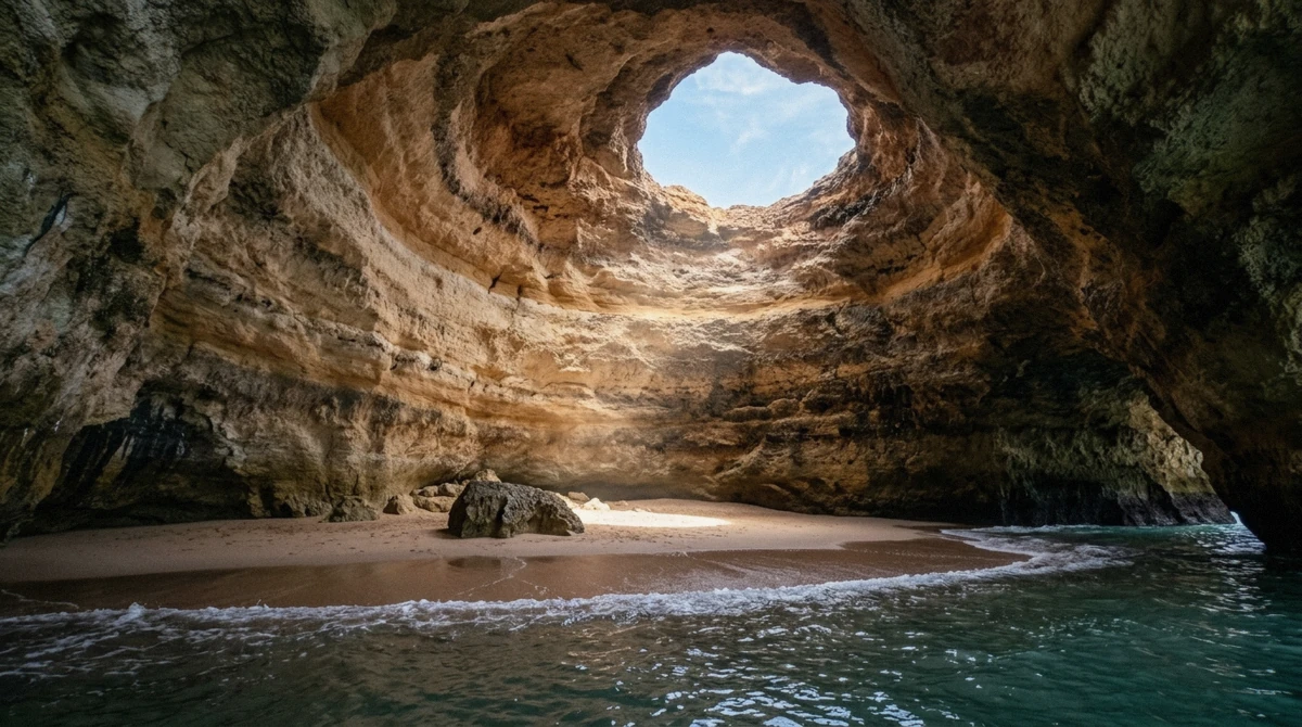 Sunlight falling through the circular roof opening onto the sand inside the Benagil sea cave in the Algarve, Portugal